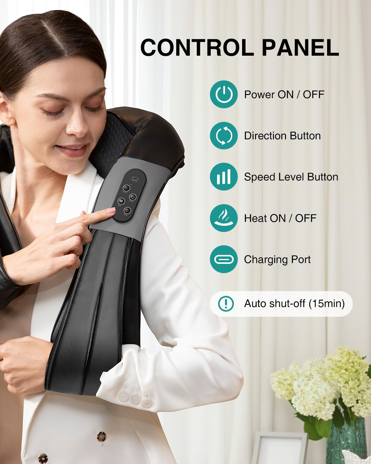Nekteck neck-back-massager in-use on shoulders and back.