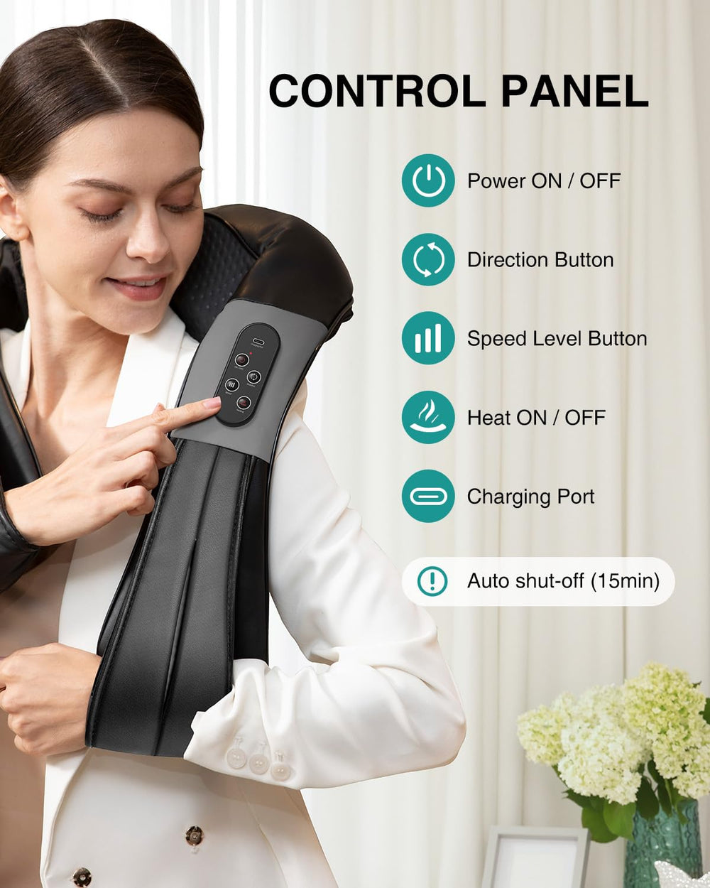Nekteck neck-back-massager in-use on shoulders and back.