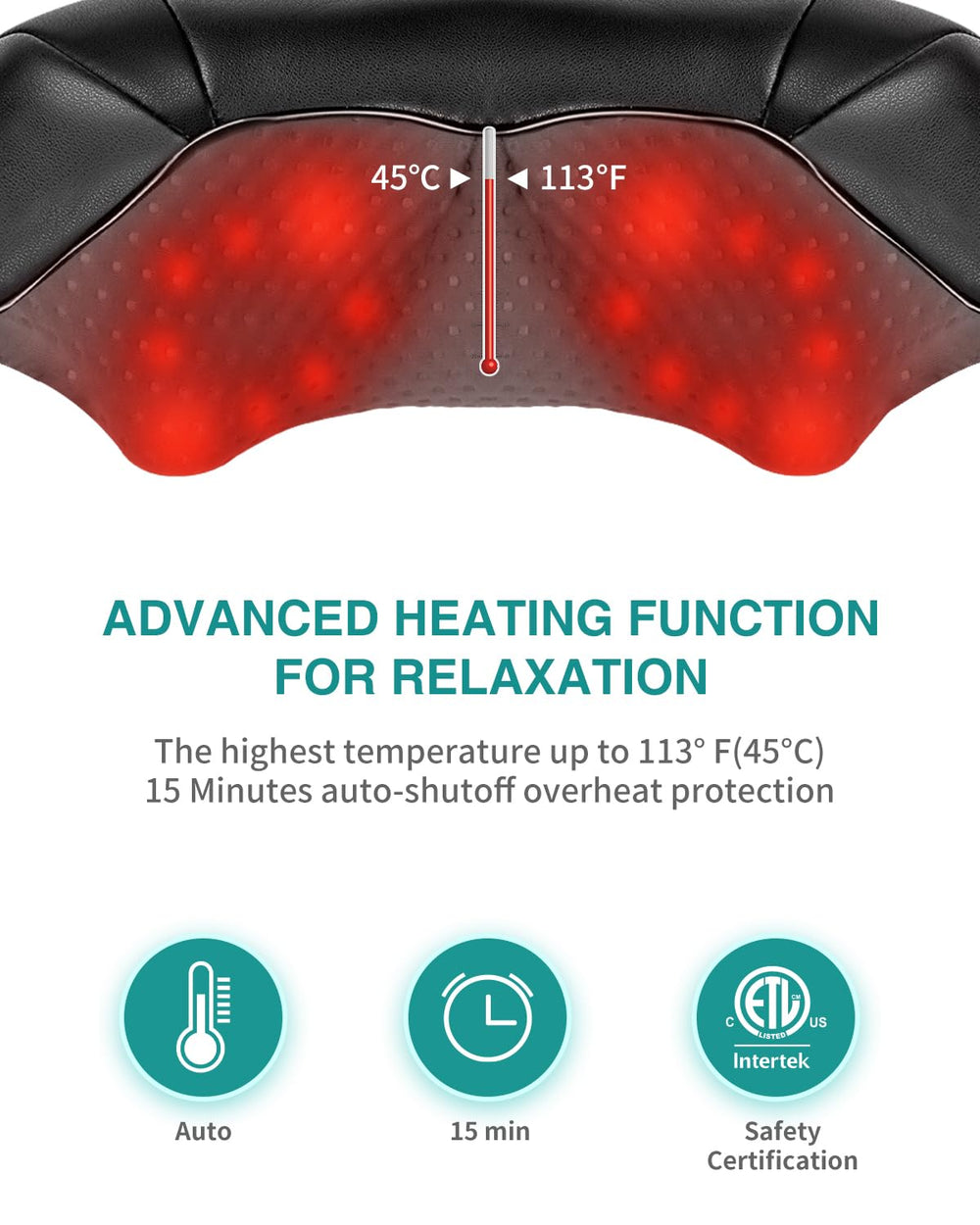Nekteck neck-back-massager heat function activation for soothing warmth.