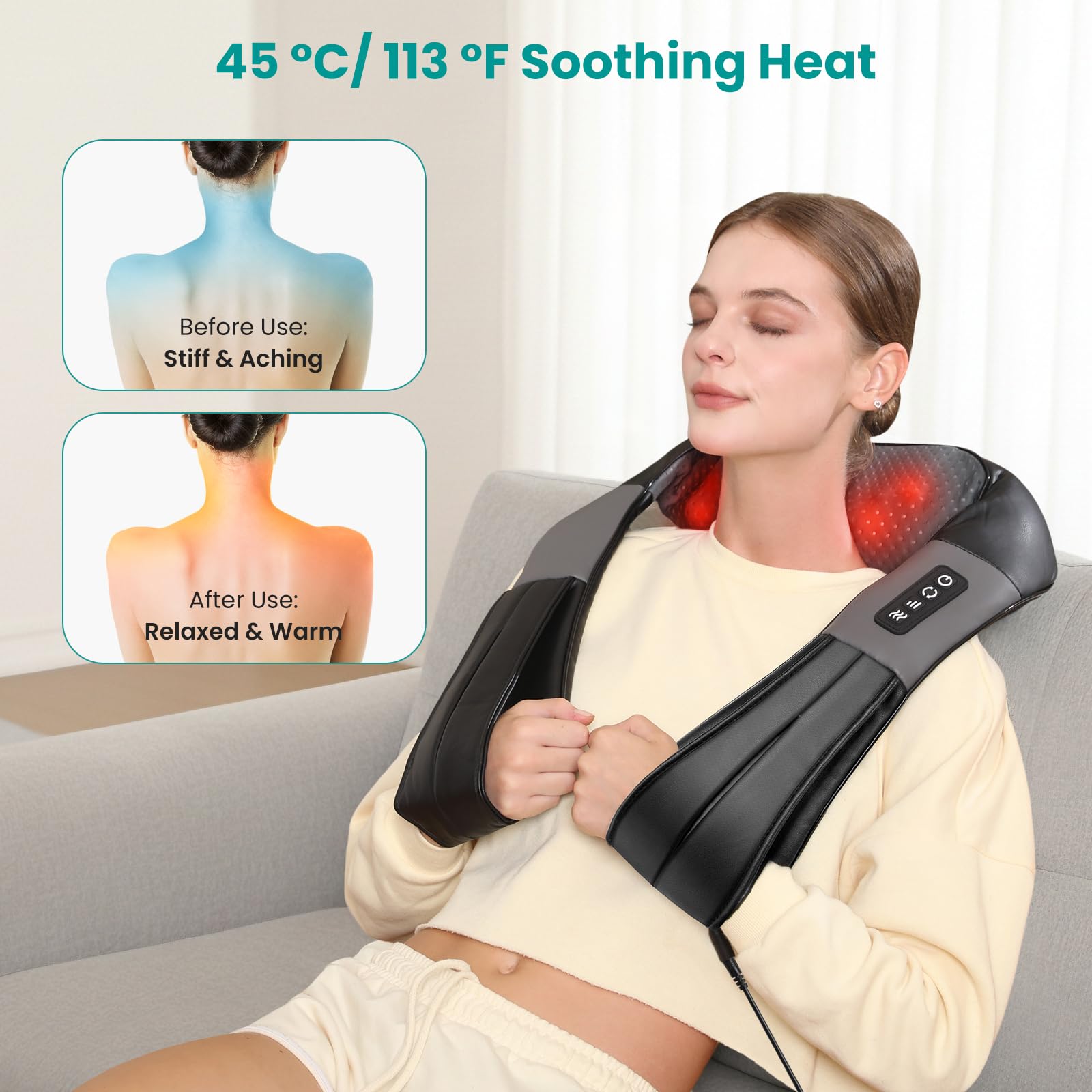 Nekteck Shiatsu Neck Massager with heat function provides soothing warmth for tense muscles