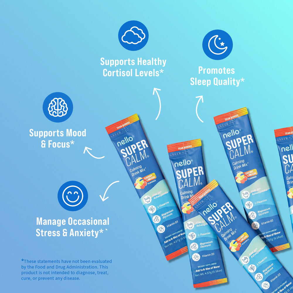 Nello SuperCalm blend of L-Theanine, Ashwagandha and magnesium supports calm focus.