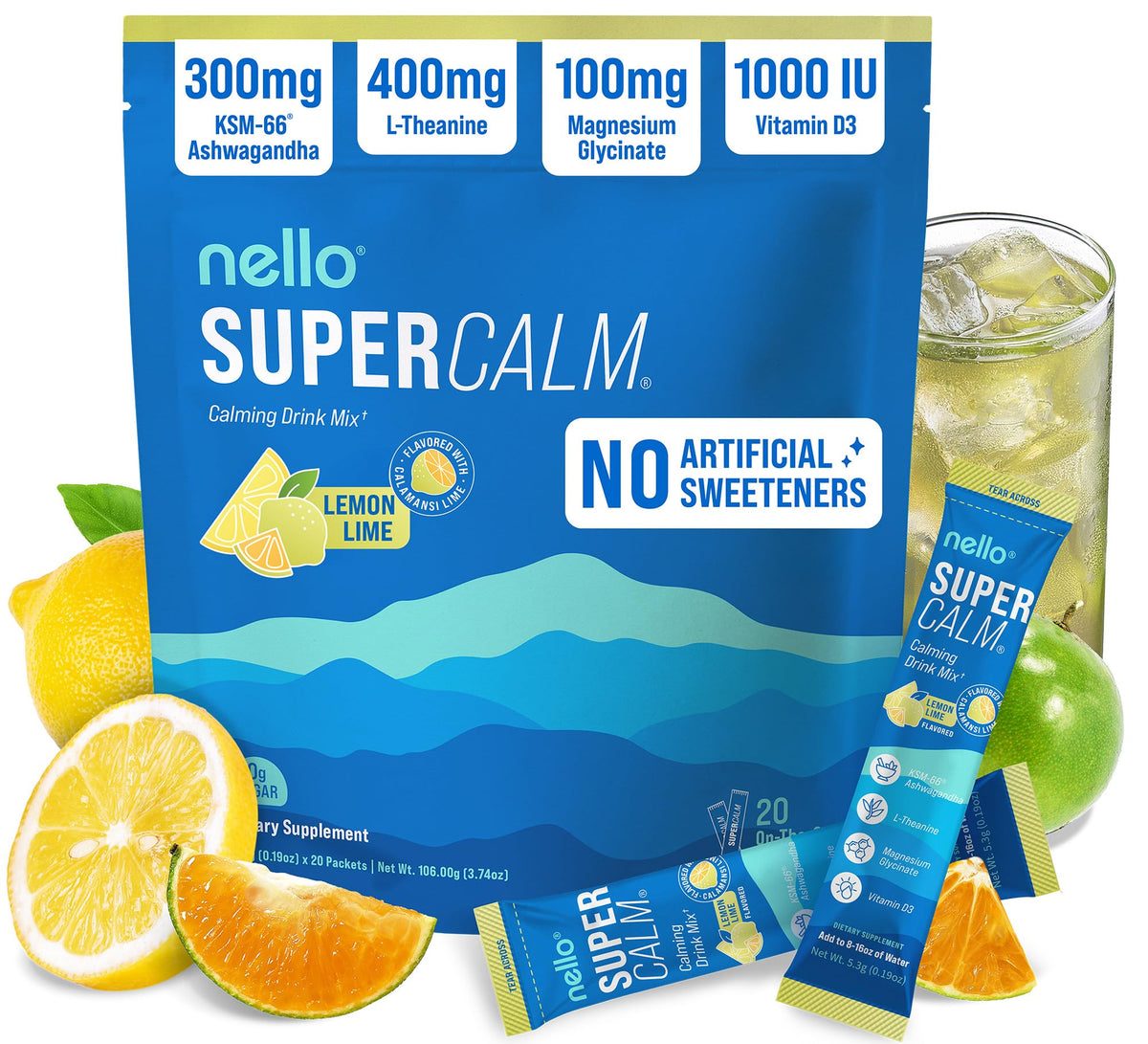 Nello SuperCalm lemon lime packet ready to mix for on-the-go calm