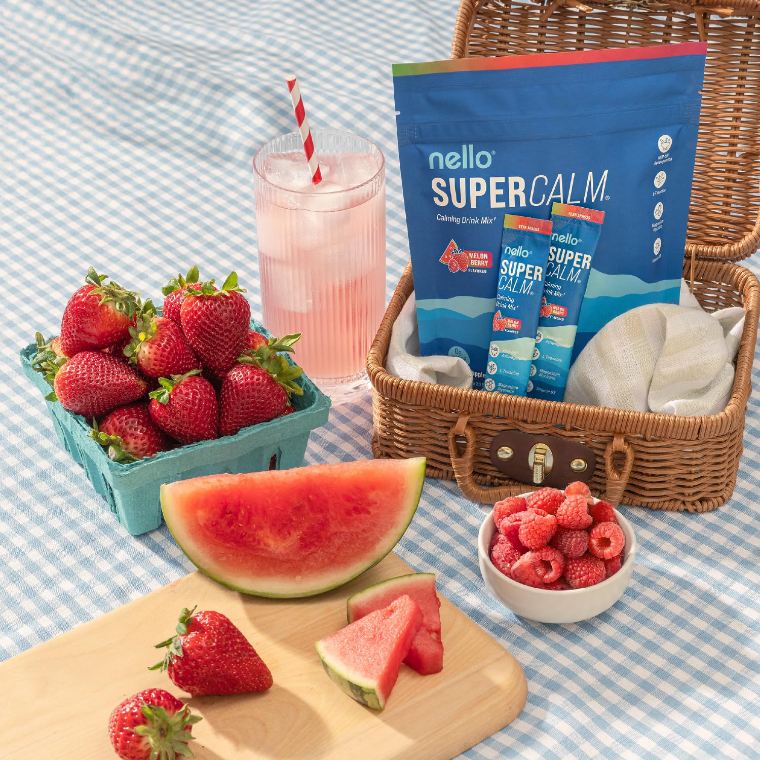 Nello SuperCalm no-sugar formulation highlighting clean ingredients.