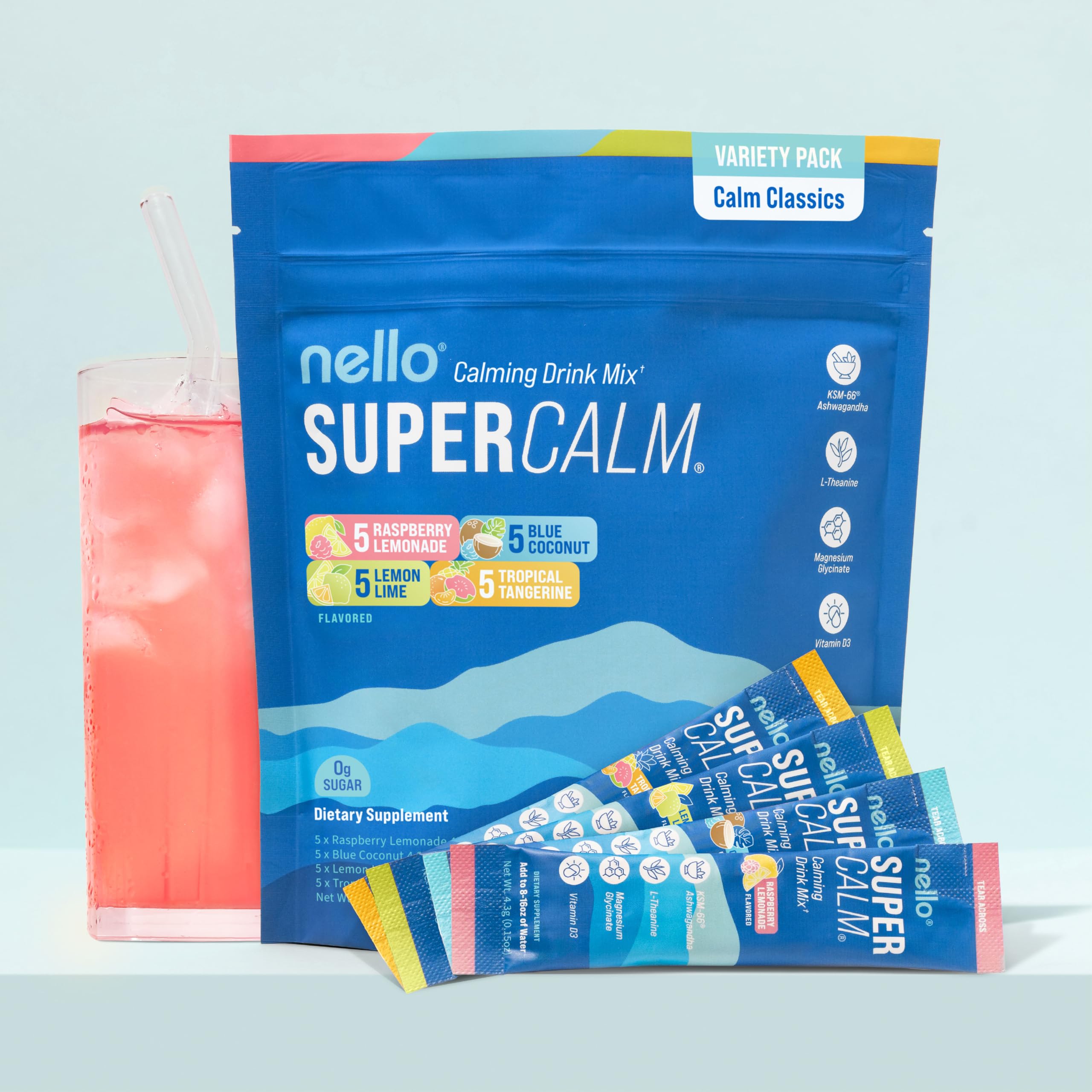 Nello SuperCalm no sugar, non-GMO seal highlighting clean ingredients.