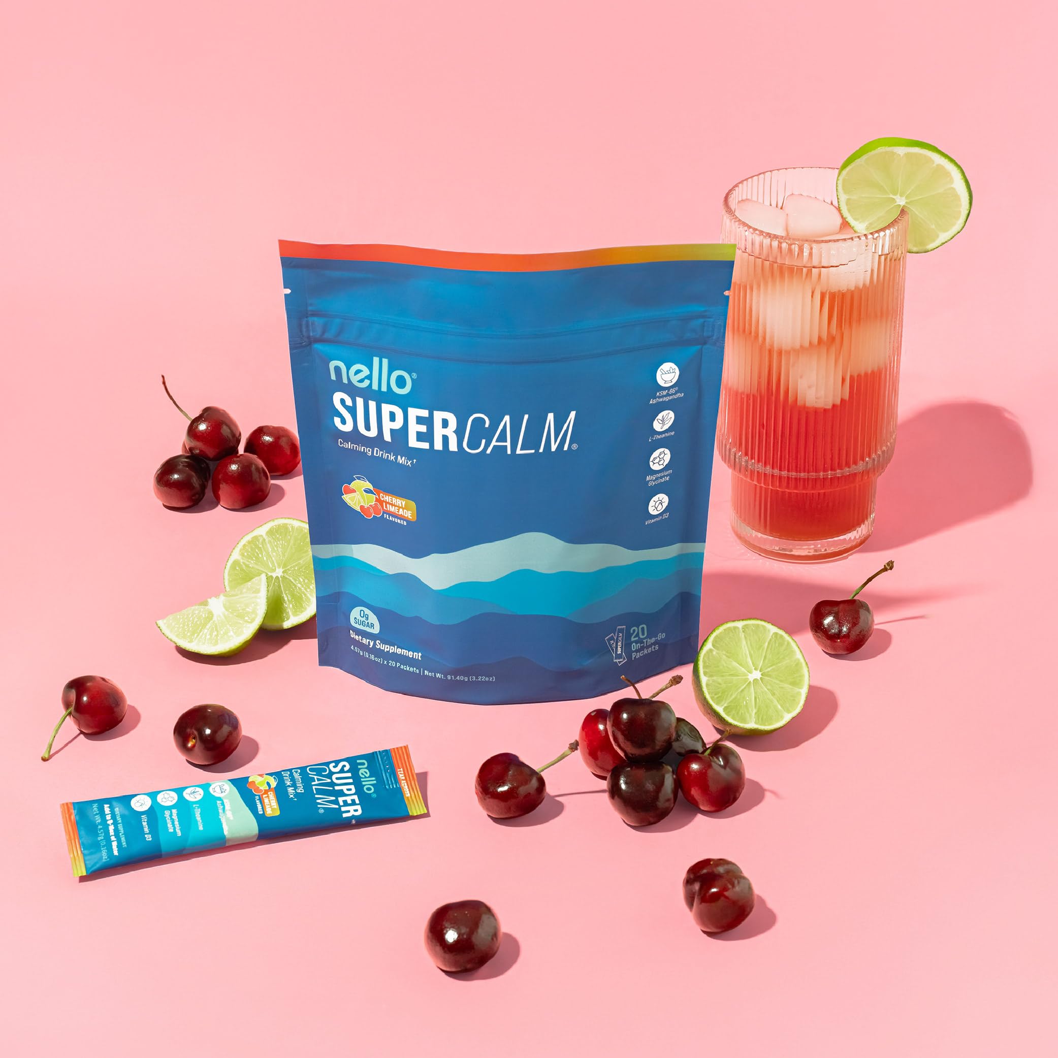 Nello SuperCalm powder swirls into a glass for a cherry limeade moment.