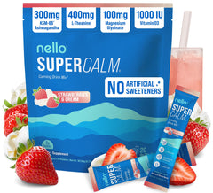 Nello SuperCalm canister with strawberies cream powder for on demand relaxation.