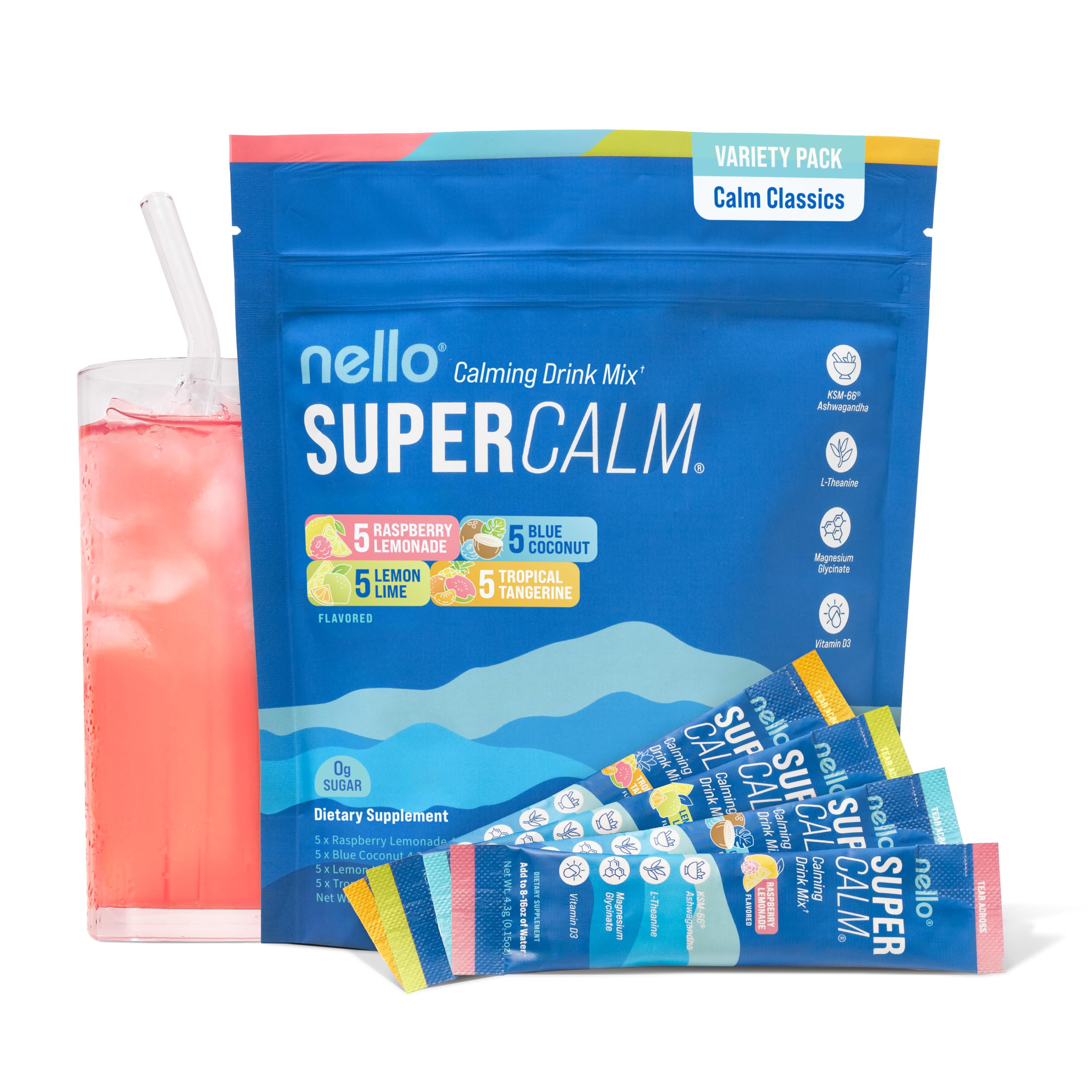 Nello SuperCalm raspberry lemonade on-the-go packet for quick relaxation and focus.
