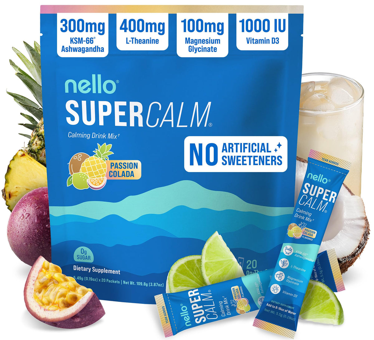 Nello SuperCalm raspberry-lemonade packet ready for on-the-go relaxation and focus.