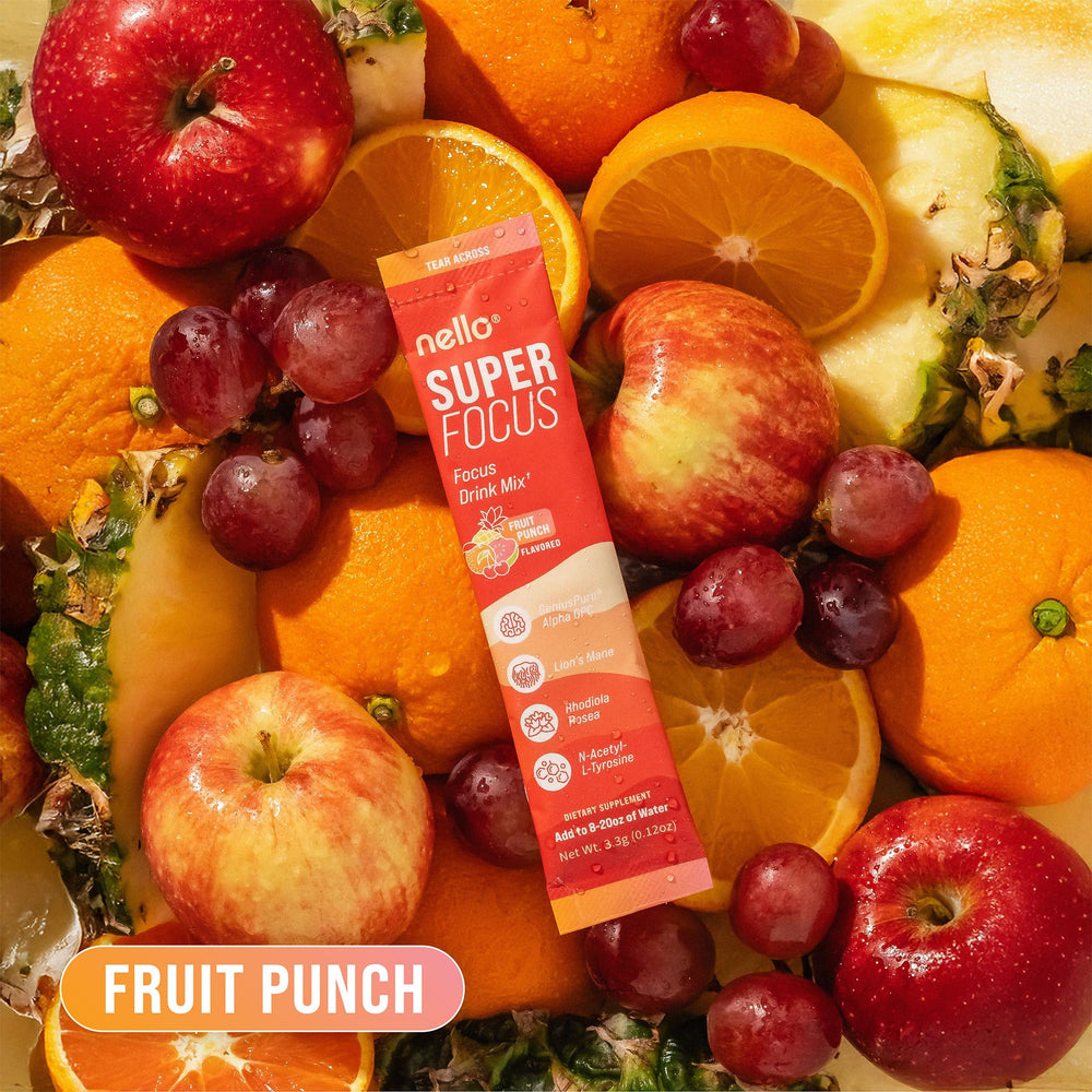 Nello Superfocus fruit punch serving in gym bag for mental sharpness after workouts