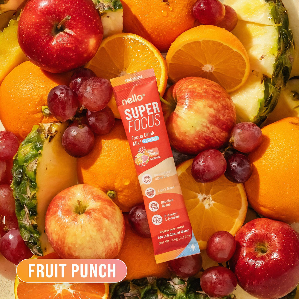 Nello Superfocus Fruit Punch nutrition label showcases sugar-free formula.