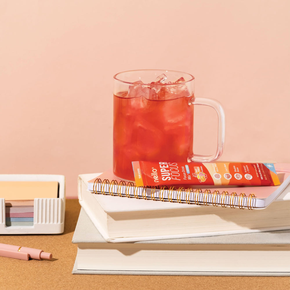 Nello Superfocus Fruit Punch on desk ready for study or work.