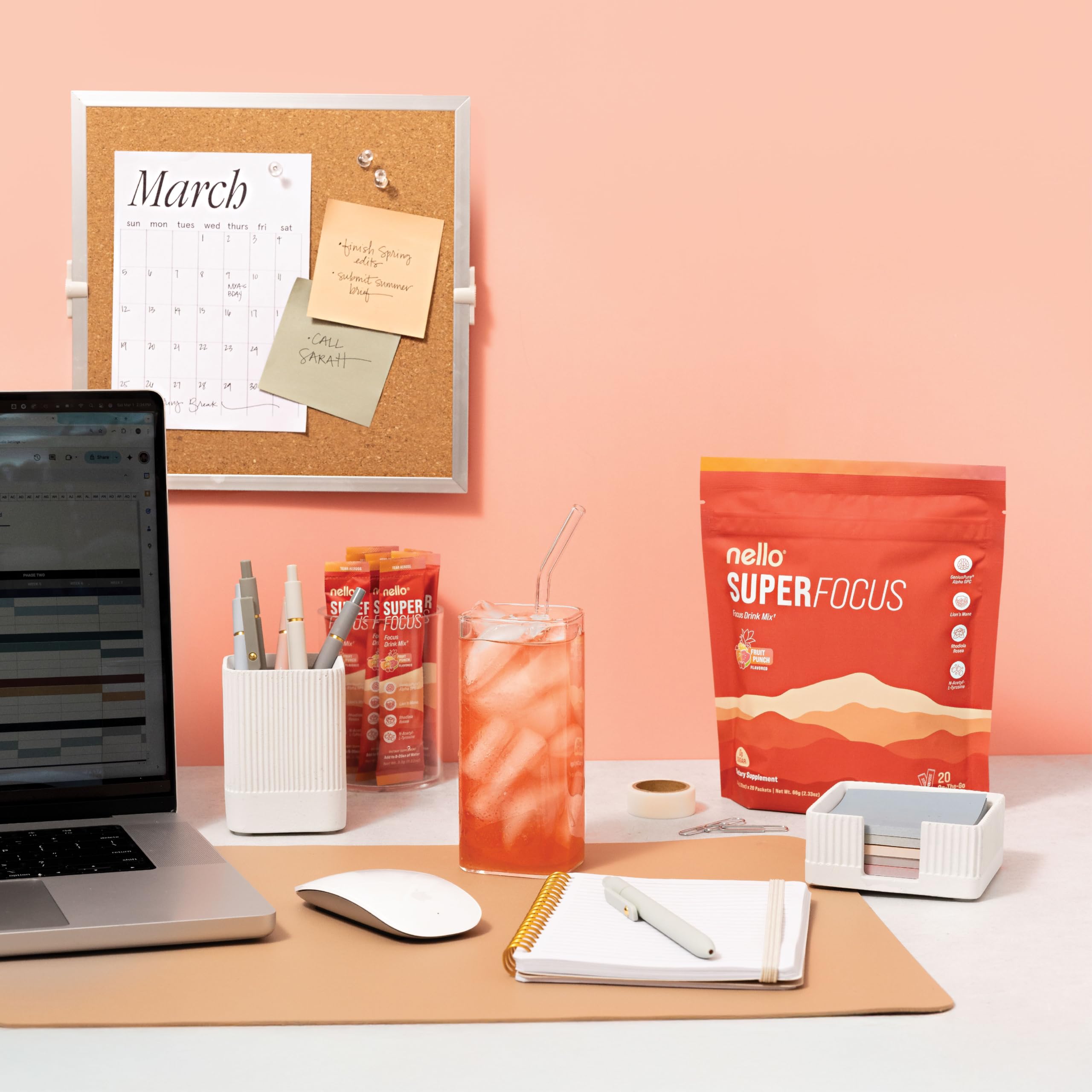 Nello Superfocus fruit punch packet on desk for portable energy without sugar