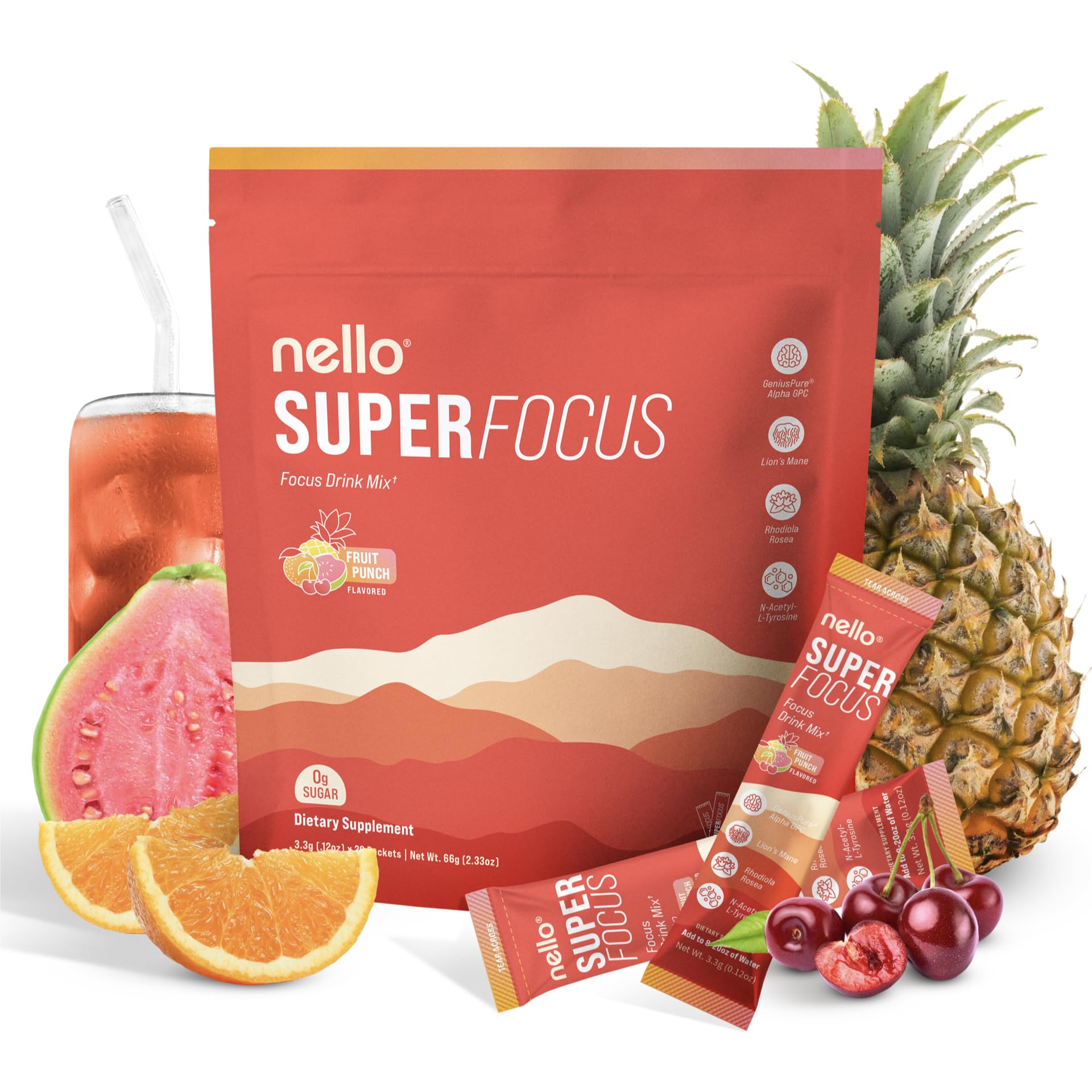 Nello Superfocus fruit punch stick pack ready to mix for crisp focus on the go