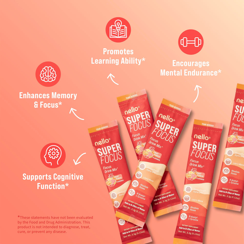 Nello Superfocus fruit punch stick pack dissolving in water for quick mental clarity