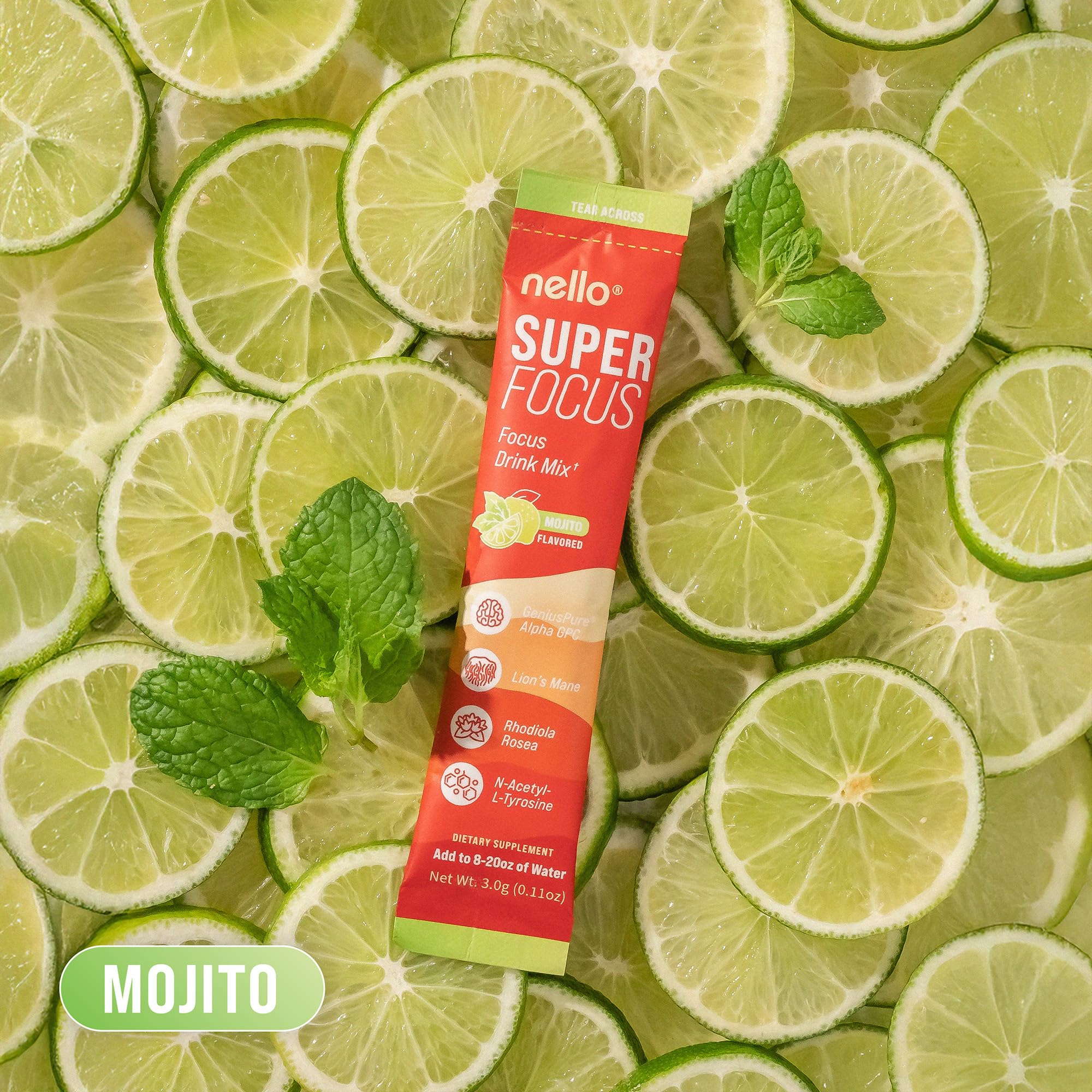 Nello Superfocus Mojito beside gym gear for workouts.