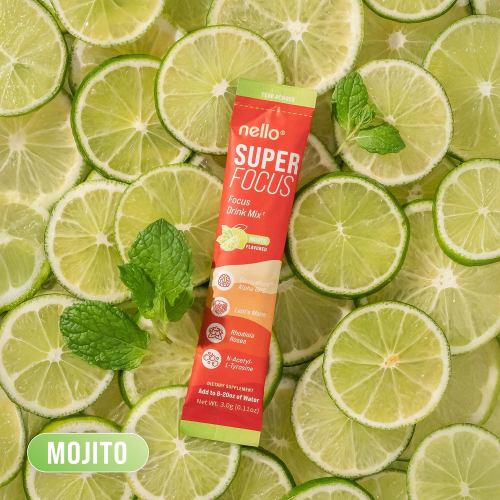 Nello Superfocus Mojito beside gym gear for workouts.
