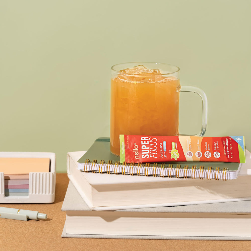 Nello Superfocus label detail highlights clean ingredients and no sugar.