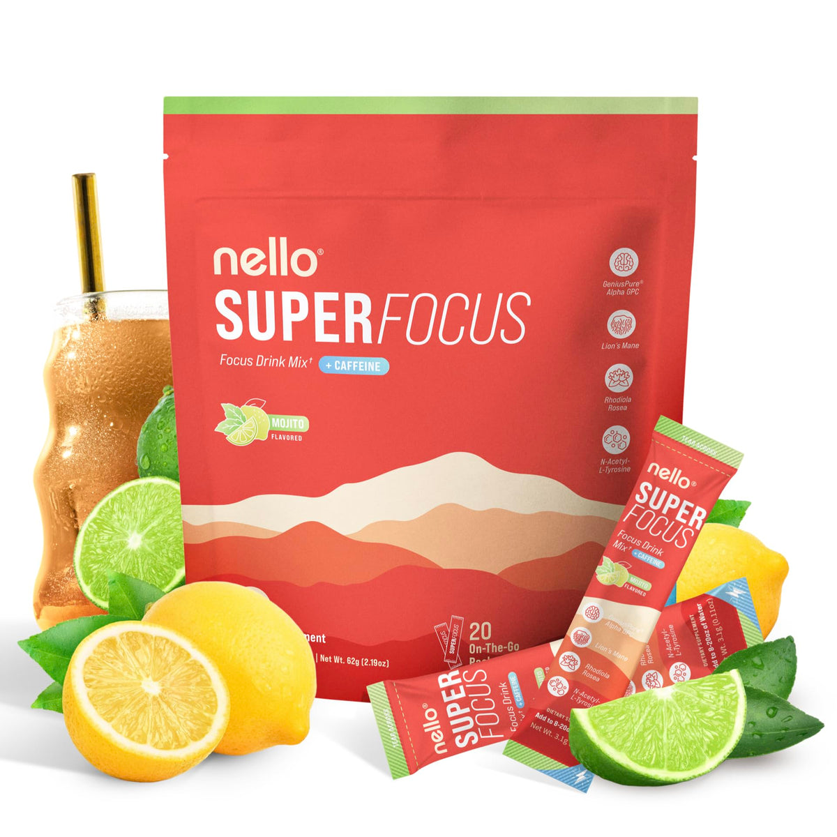 Nello Superfocus Mojito bottle closeup showing sugar-free energy for focus days.