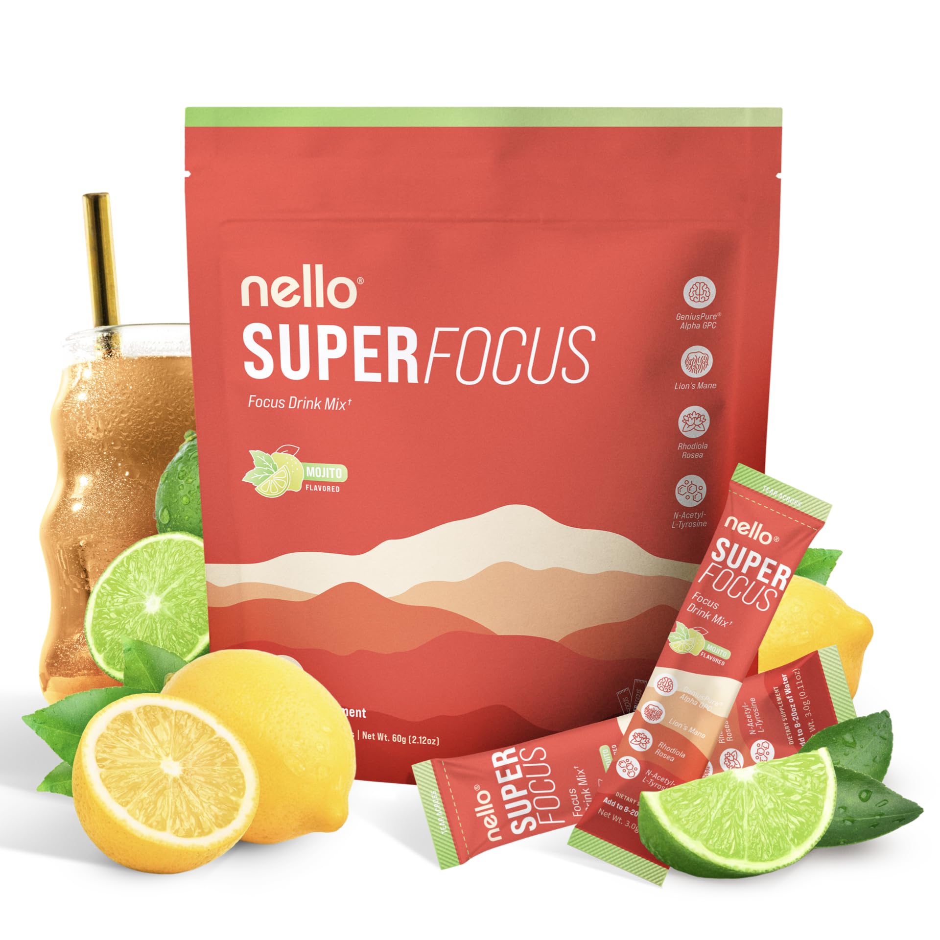 Nello Superfocus Mojito packaging highlights sugar-free mix for quick focus on the go.