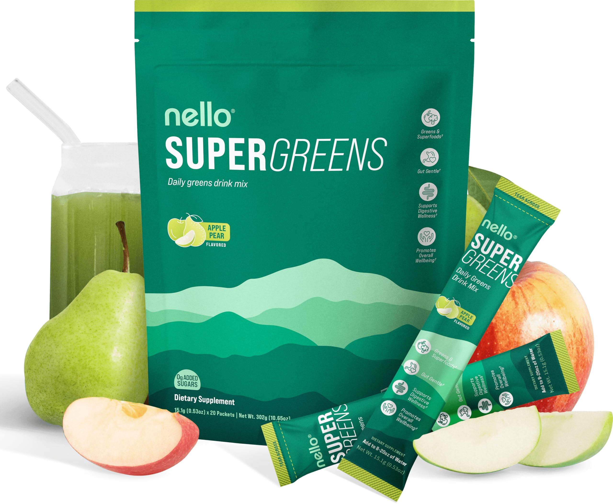 Nello Supergreens bottle pour showing convenient daily greens for busy mornings.