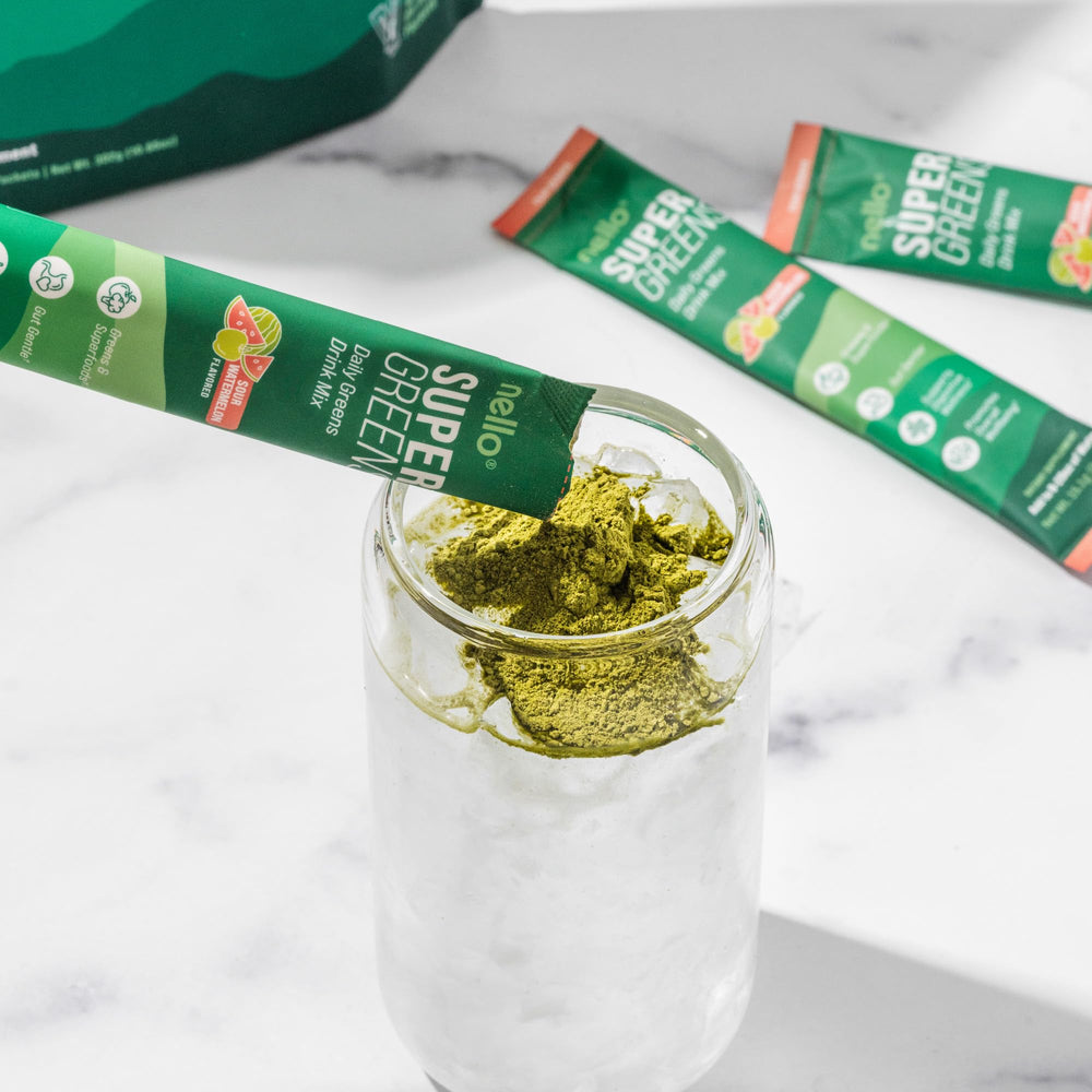 Nello Supergreens glass hero shot with vibrant green drink