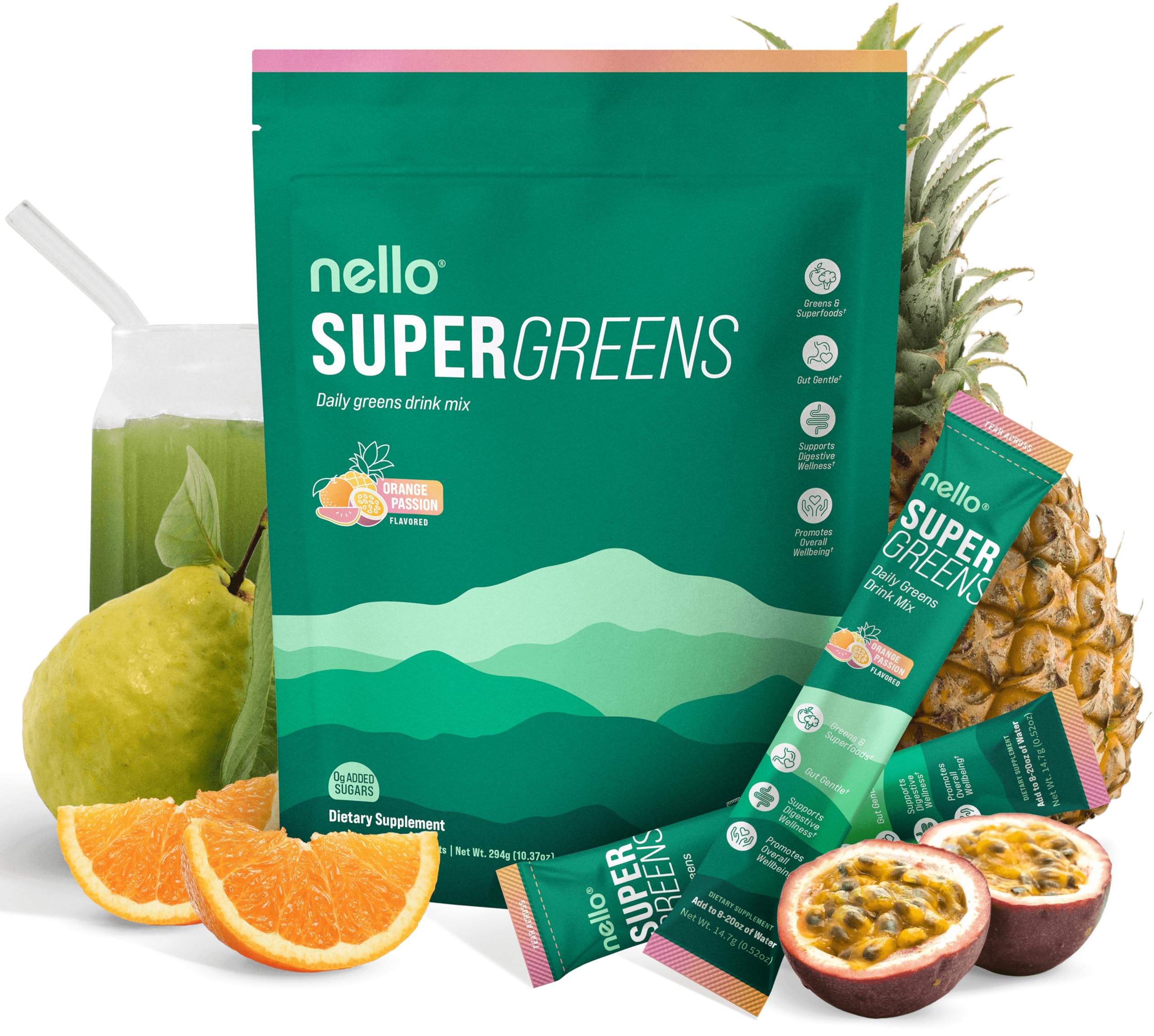 Nello Supergreens orange travel pack for on-the-go nutrition