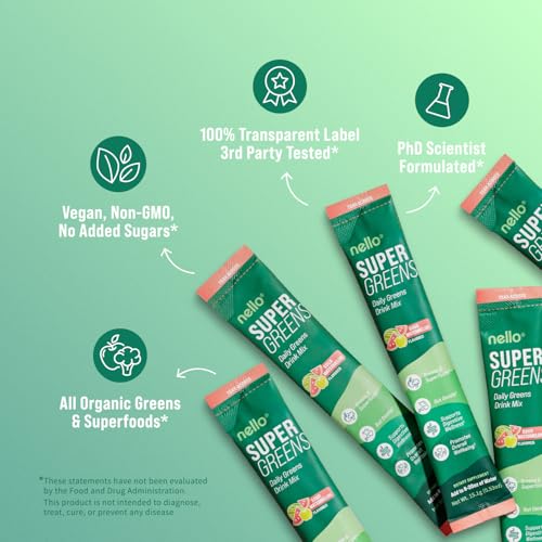 Nello Supergreens tub label highlighting full greens serving and fiber content