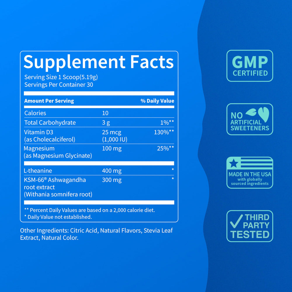 Nello SuperCalm blue coconut powder dissolves smoothly for a refreshing sip.
