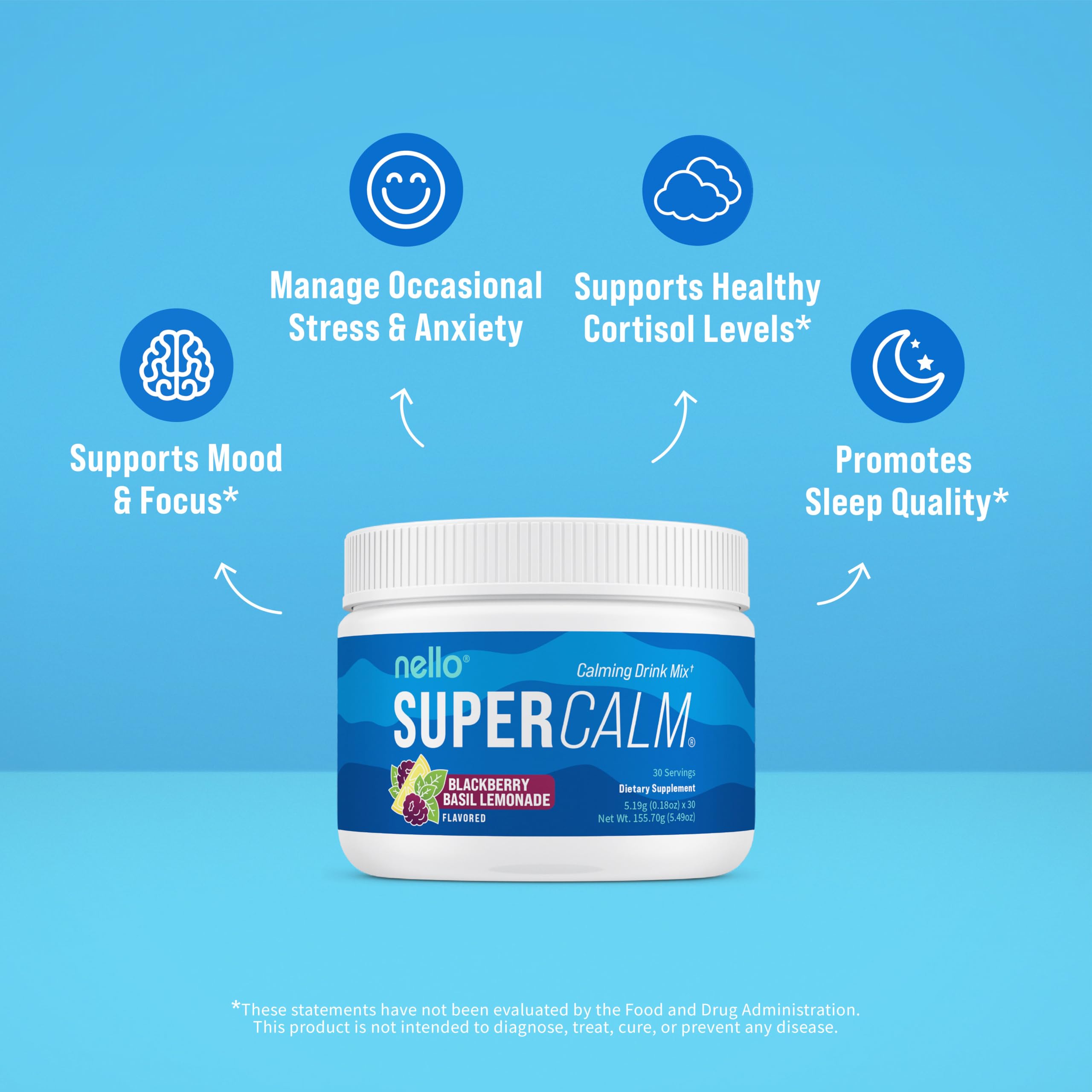 Nello SuperCalm L-Theanine and Ashwagandha blend supports calm energy.
