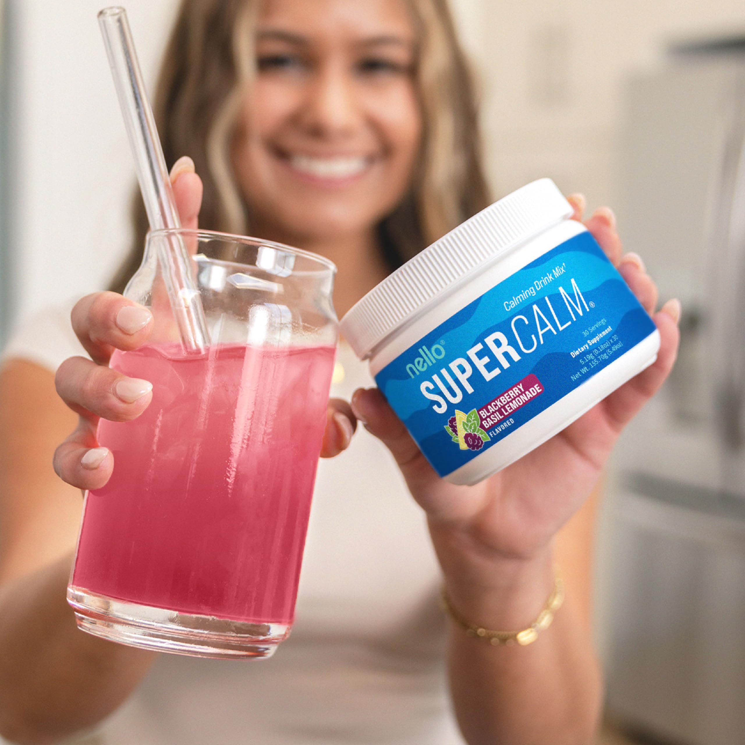 Nello SuperCalm label emphasizes no sugar and non-GMO ingredients.