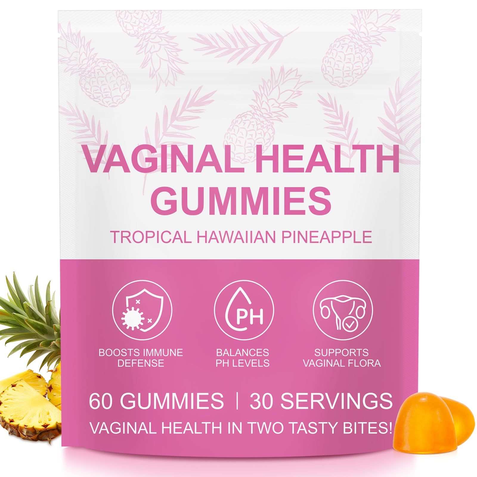 Gomitas probióticas vaginales de NenMaoKeNu; frasco visible para equilibrio de pH diario.