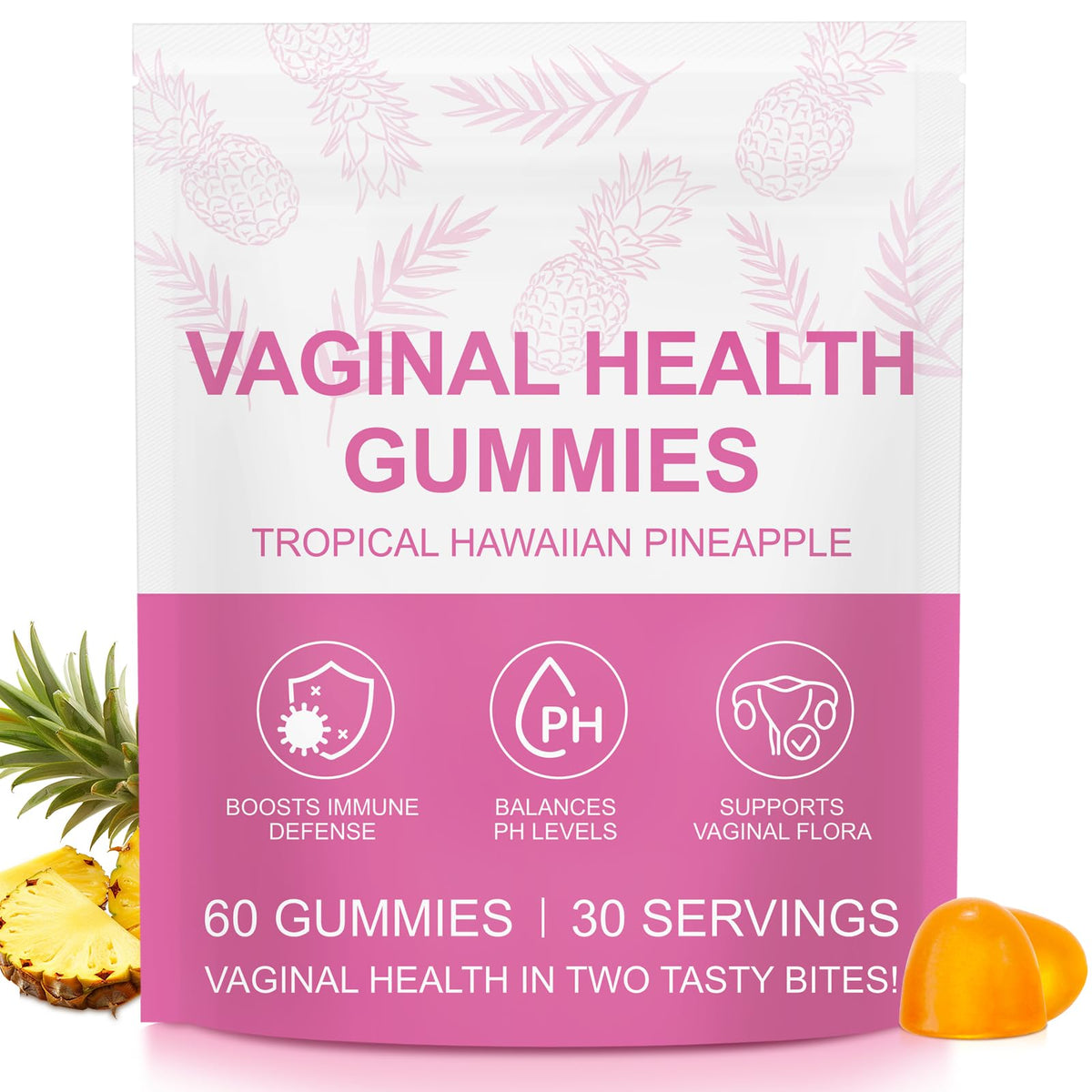 Gomitas probióticas vaginales de NenMaoKeNu; frasco visible para equilibrio de pH diario.