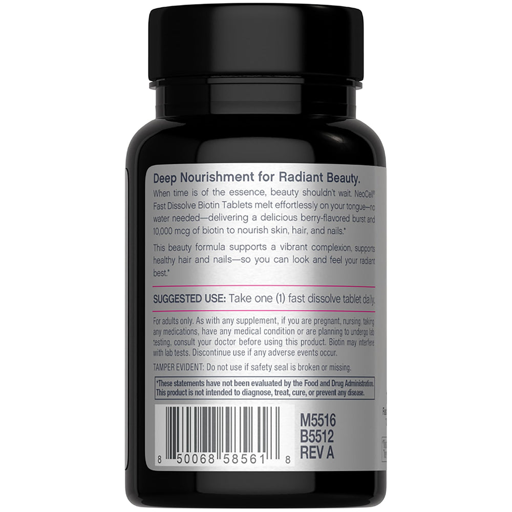 NeoCell Biotina 10000, caja de 180 tabletas para rutina prolongada.