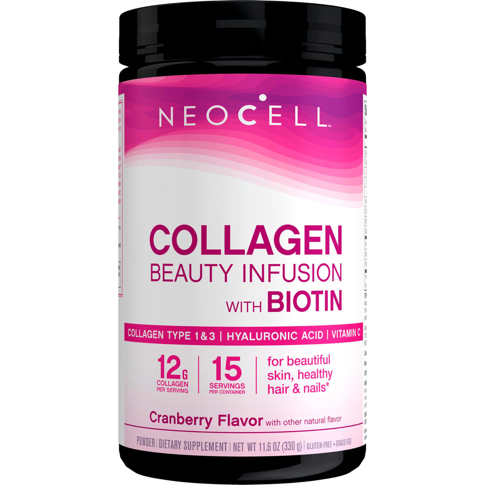 NeoCell Collagen Beauty Infusion powder stirred into smoothie for daily ritual.