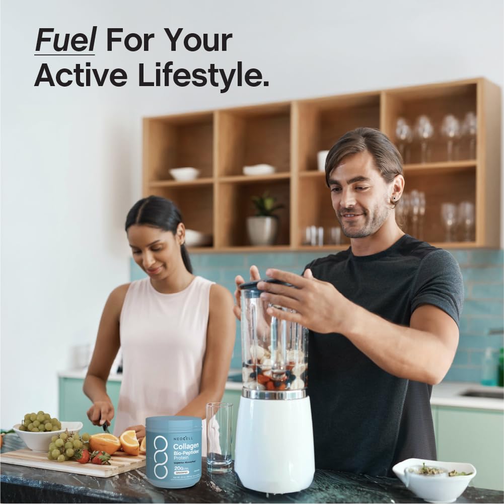 NeoCell Collagen Bio-Peptides tub on kitchen counter, convenient daily protein supplement.