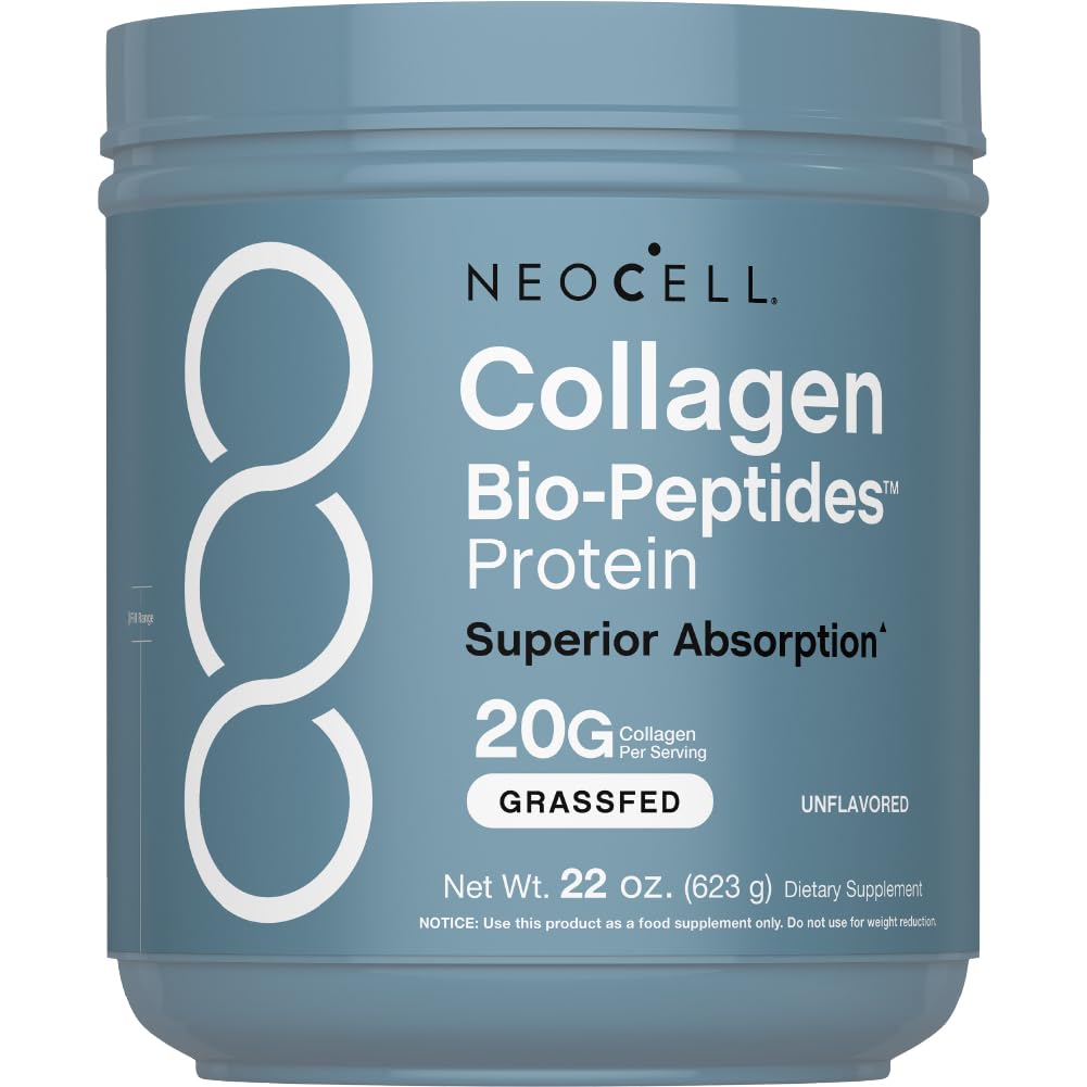 NeoCell Collagen Bio-Peptides tub on counter, easy mixing for daily beauty support.
