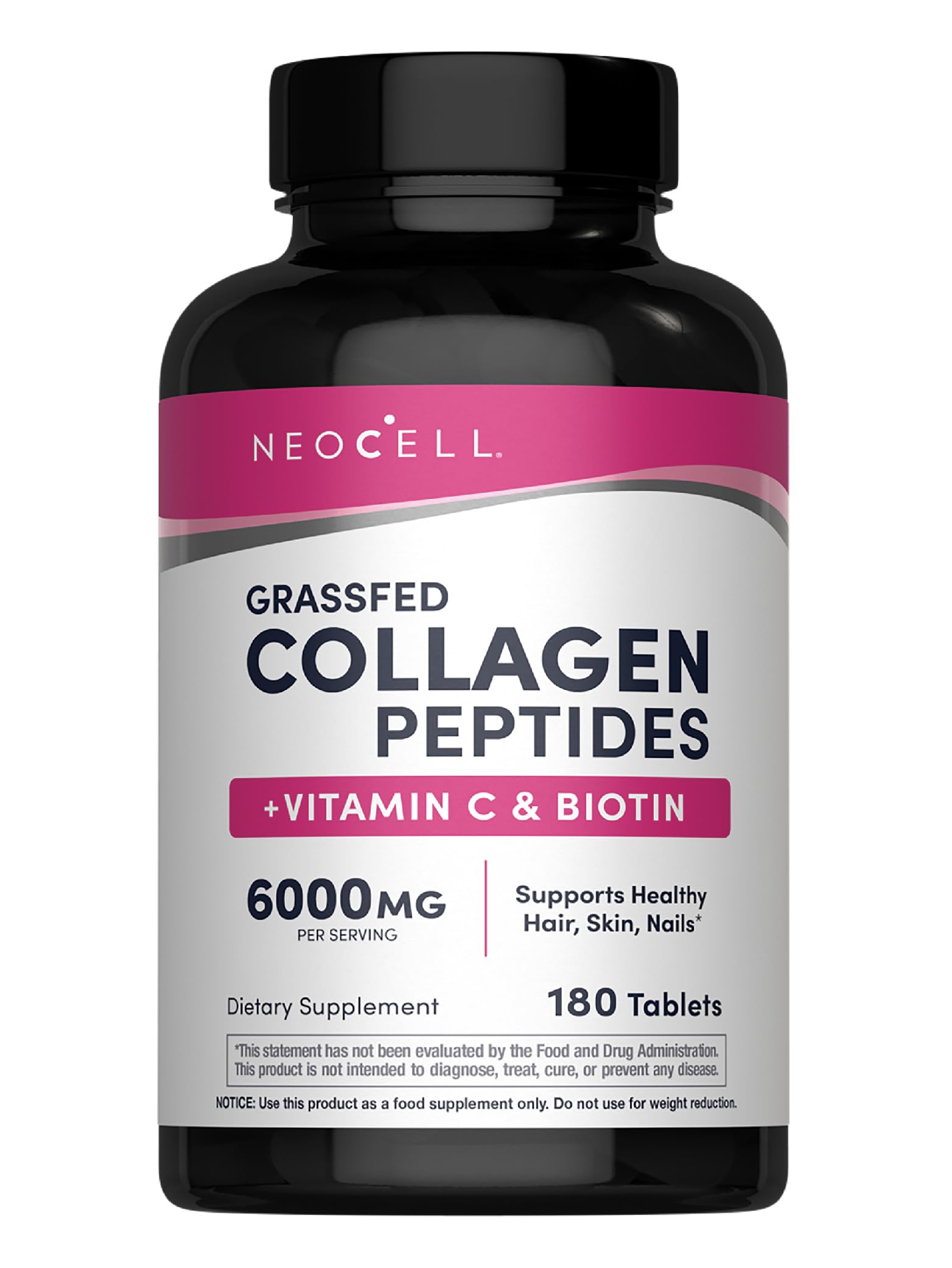 NeoCell collagen pills bottle displaying 180 tablets for skin and hair support