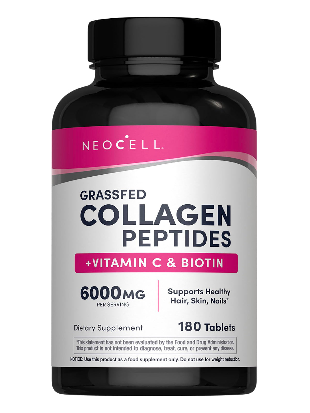 NeoCell collagen pills bottle displaying 180 tablets for skin and hair support