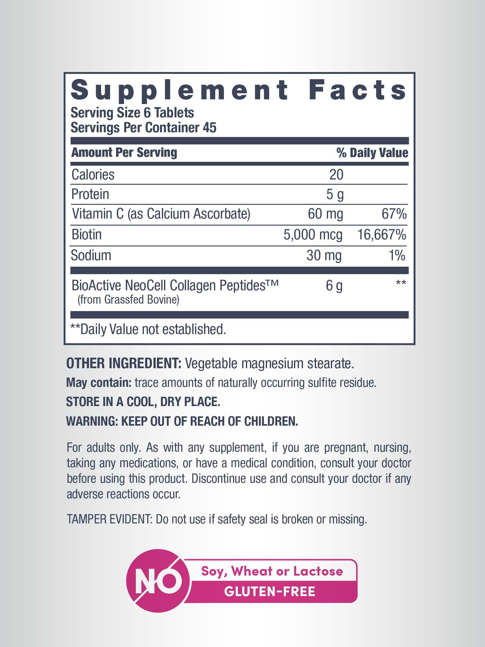 NeoCell label closeup emphasizing grass-fed collagen source and Non-GMO quality