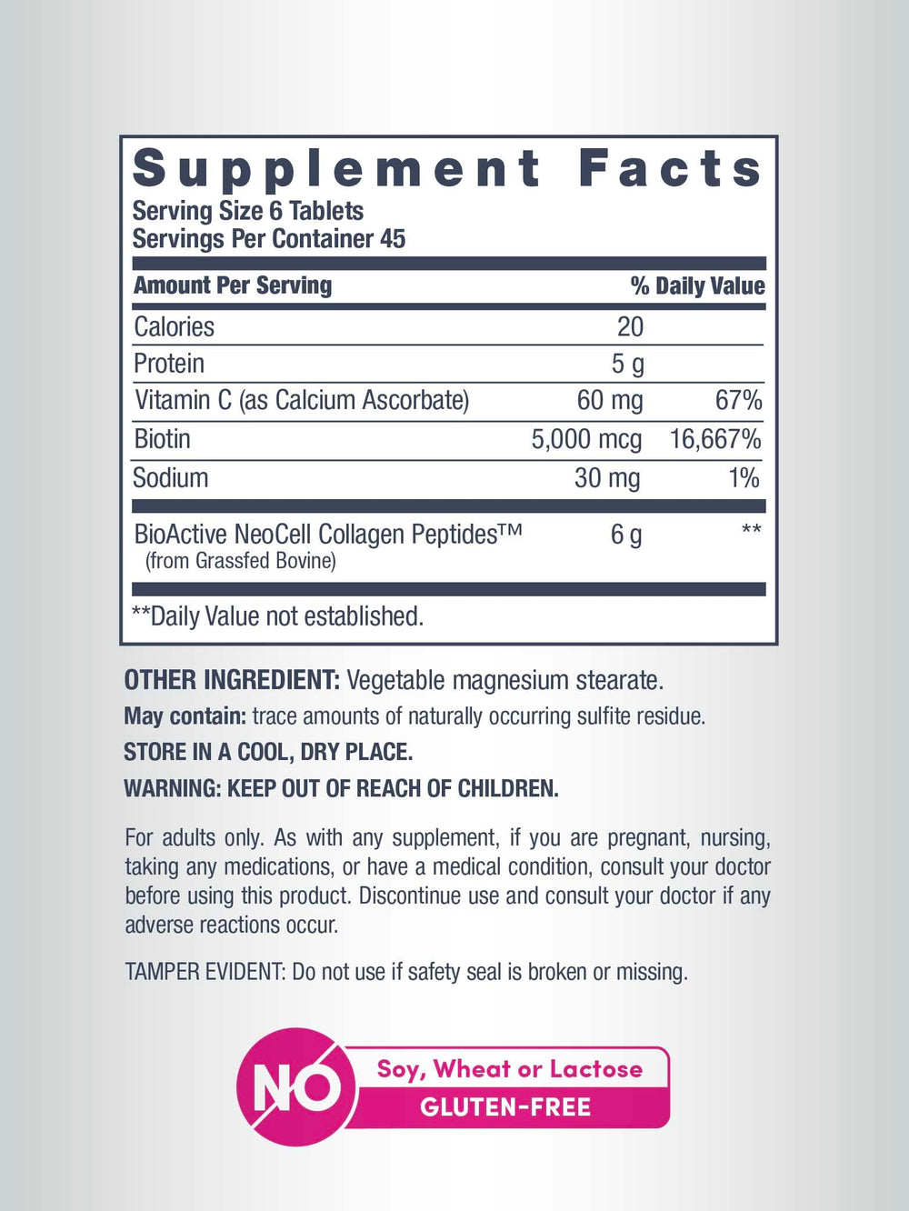 NeoCell label closeup emphasizing grass-fed collagen source and Non-GMO quality