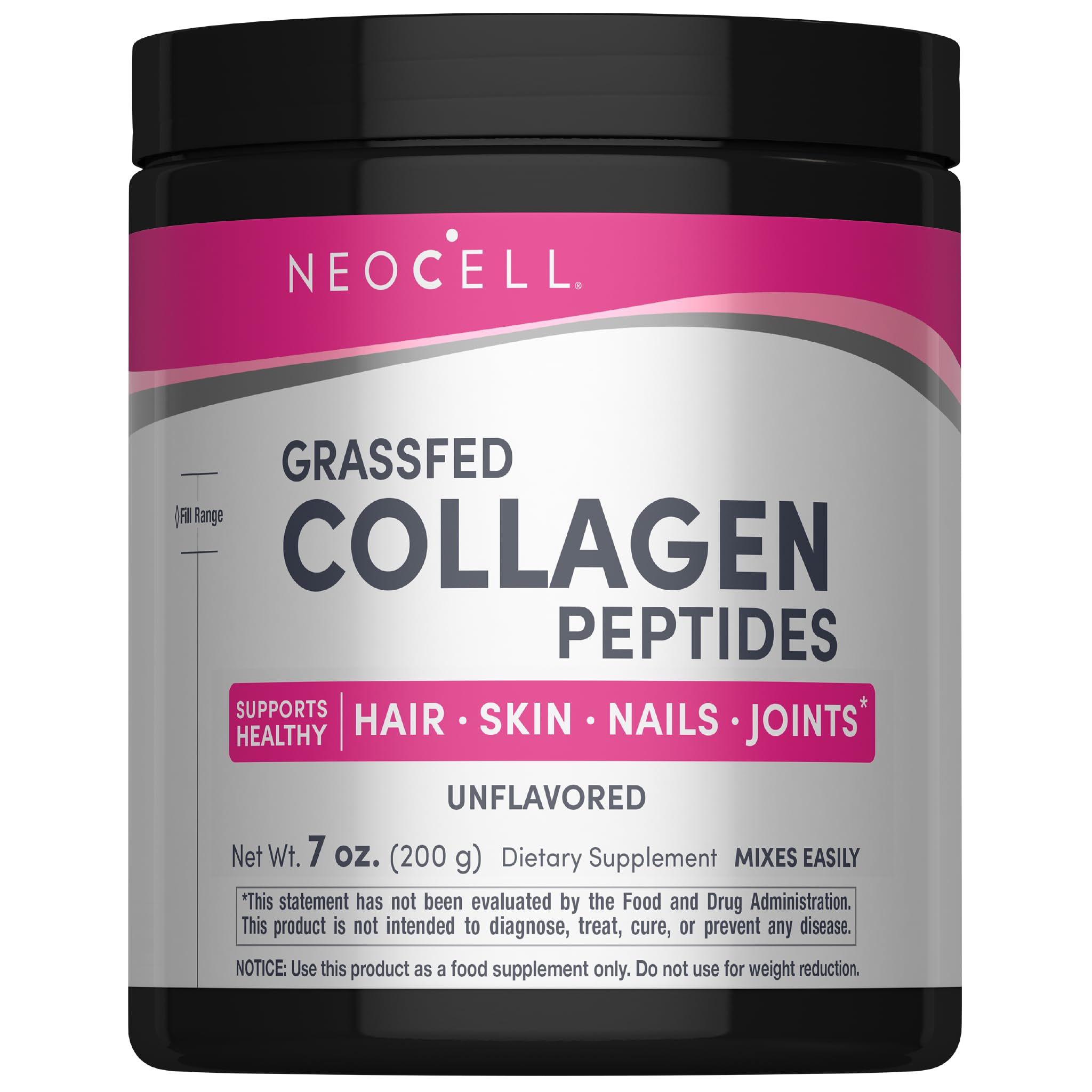 NeoCell Grassfed Collagen Peptides canister close-up for skin and hair support.