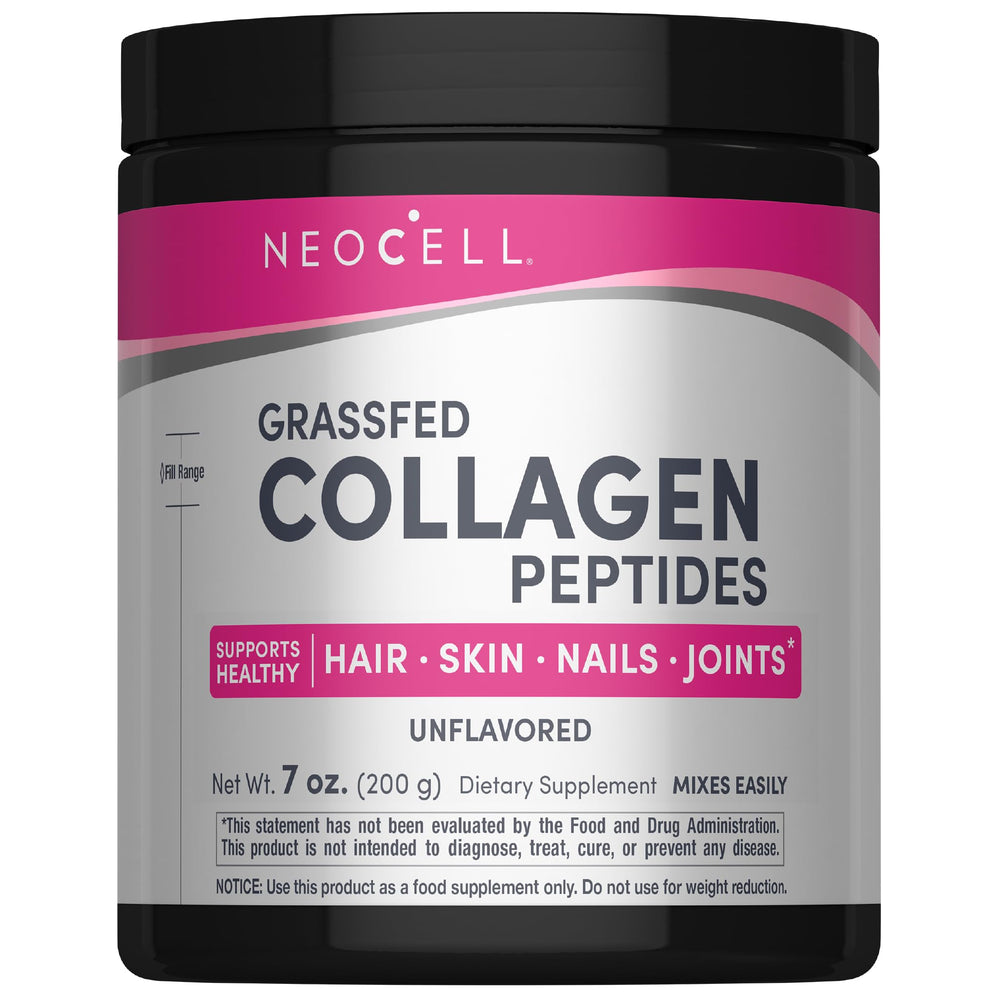 NeoCell Grassfed Collagen Peptides canister close-up for skin and hair support.