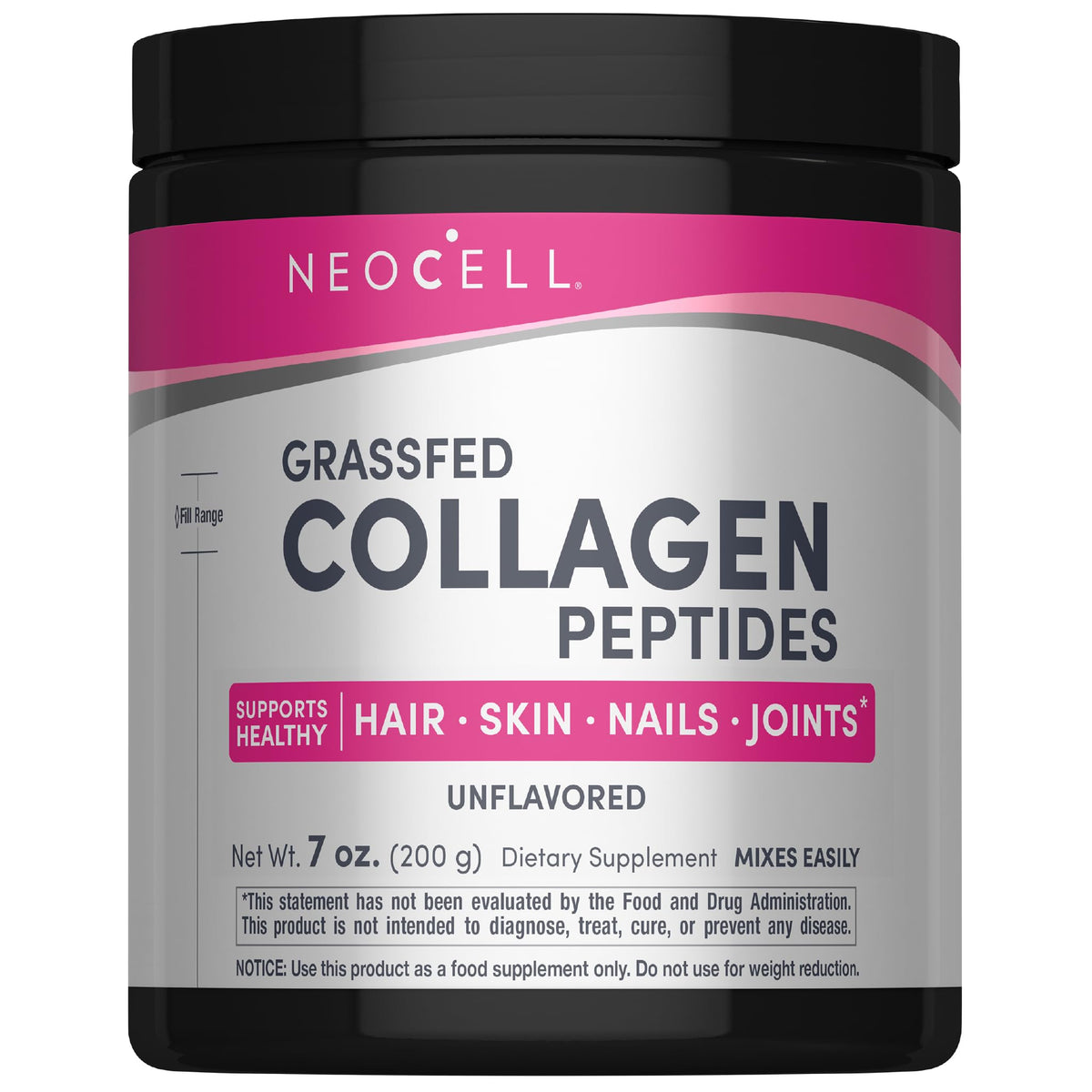 NeoCell Grassfed Collagen Peptides canister close-up for skin and hair support.