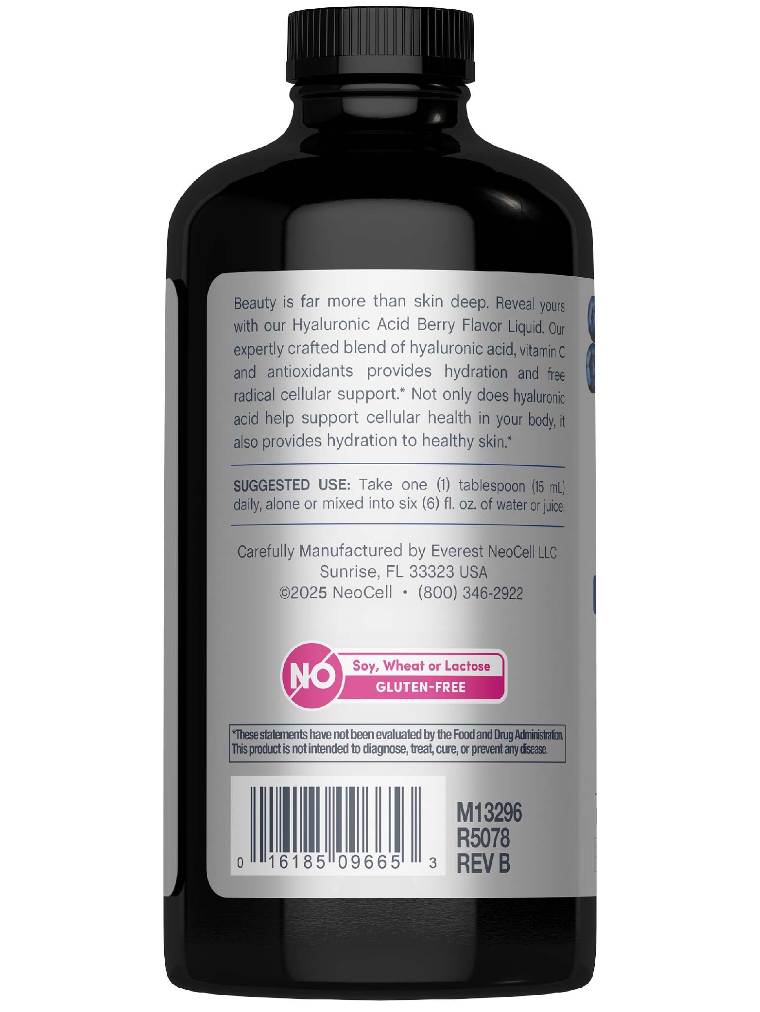 NeoCell Hyaluronic Acid Berry liquid in glass highlights skin hydration potential.
