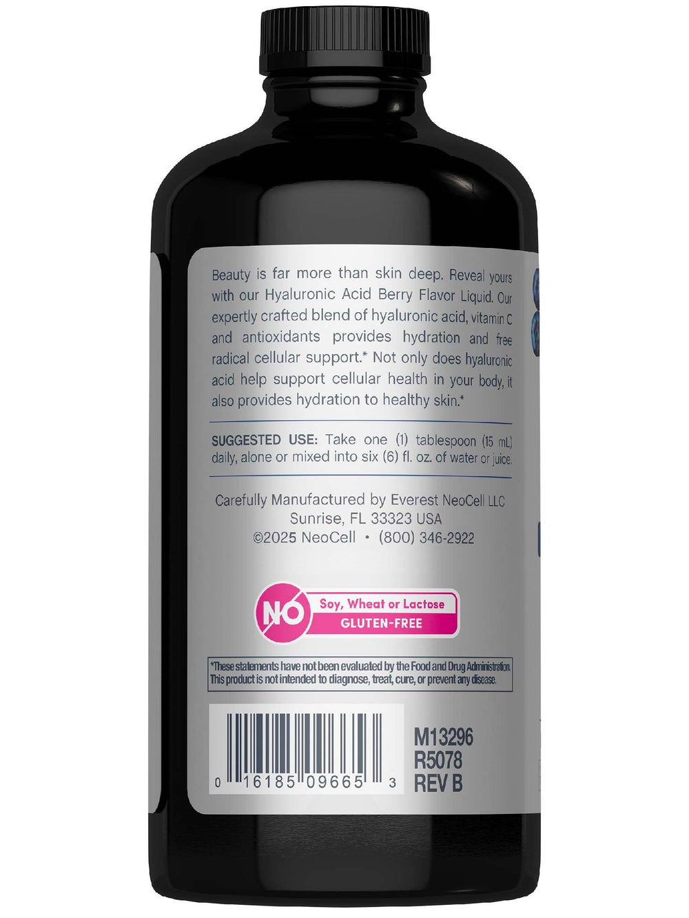 NeoCell Hyaluronic Acid Berry liquid in glass highlights skin hydration potential.