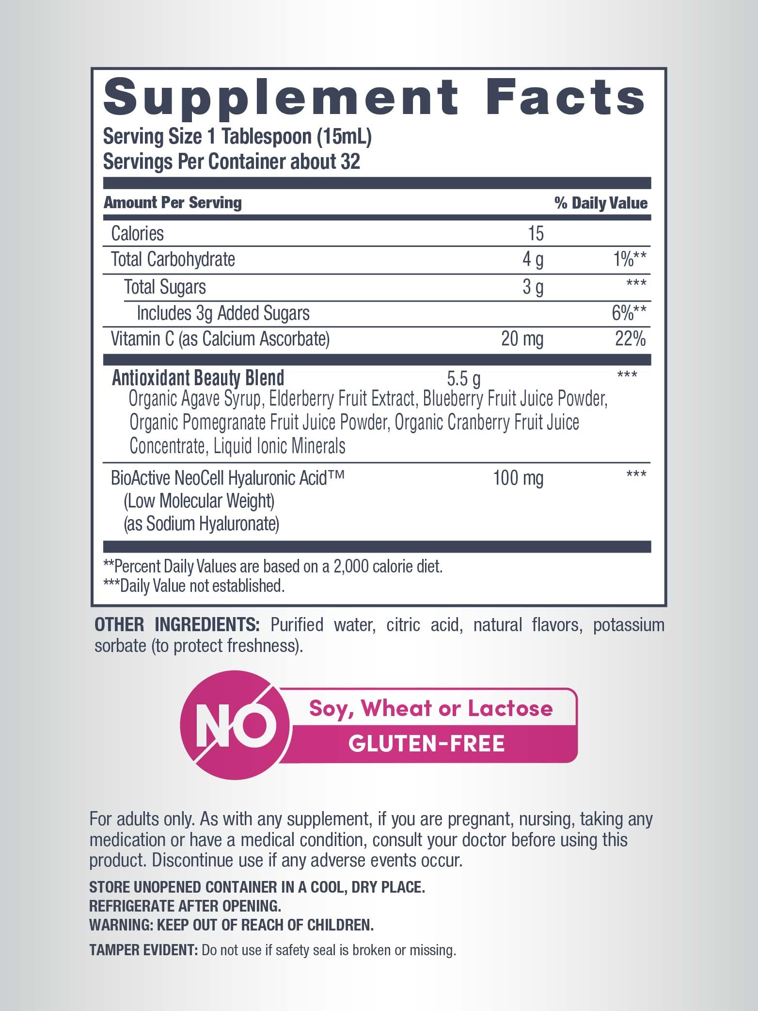 NeoCell Hyaluronic Acid Berry bottle label notes gluten-free and non-GMO ingredients.