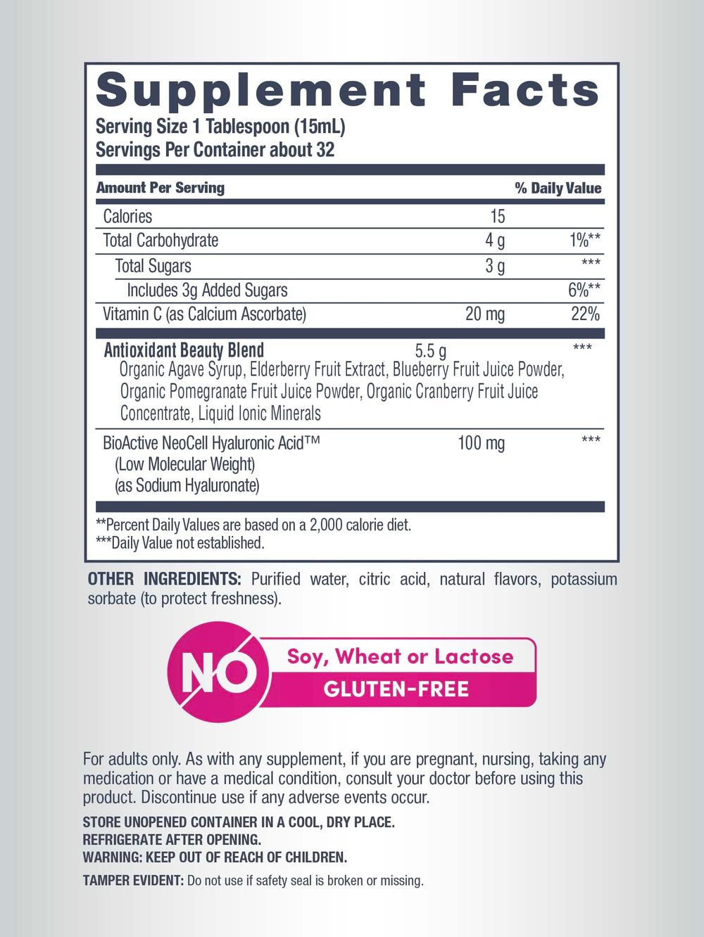 NeoCell Hyaluronic Acid Berry bottle label notes gluten-free and non-GMO ingredients.