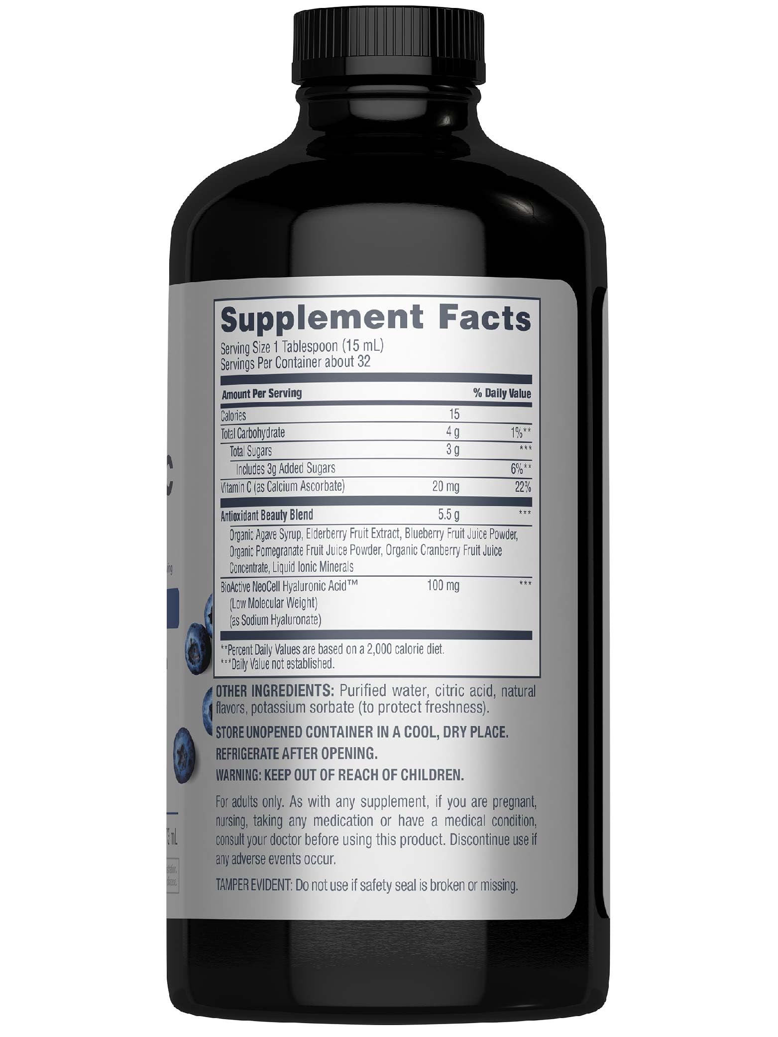 NeoCell Hyaluronic Acid Berry liquid being poured for daily hydration ritual.