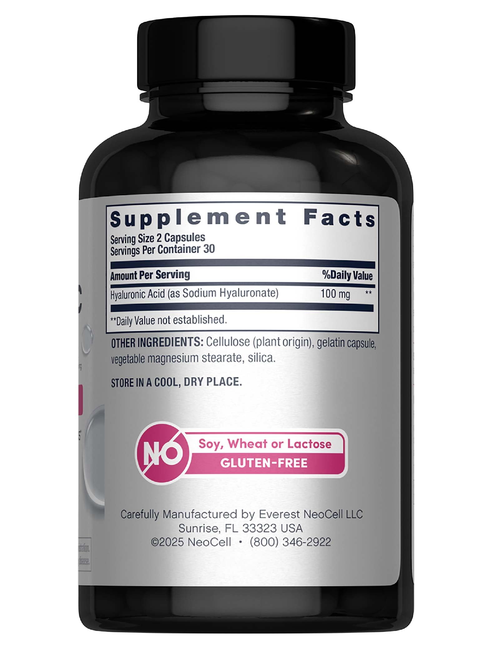 NeoCell Hyaluronic Acid bottle back shows gluten-free, non-GMO details