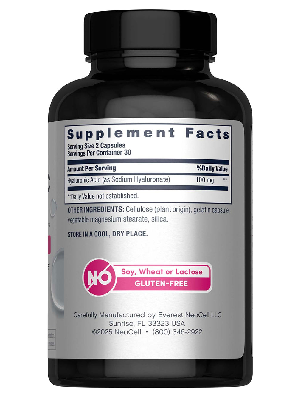 NeoCell Hyaluronic Acid bottle back shows gluten-free, non-GMO details